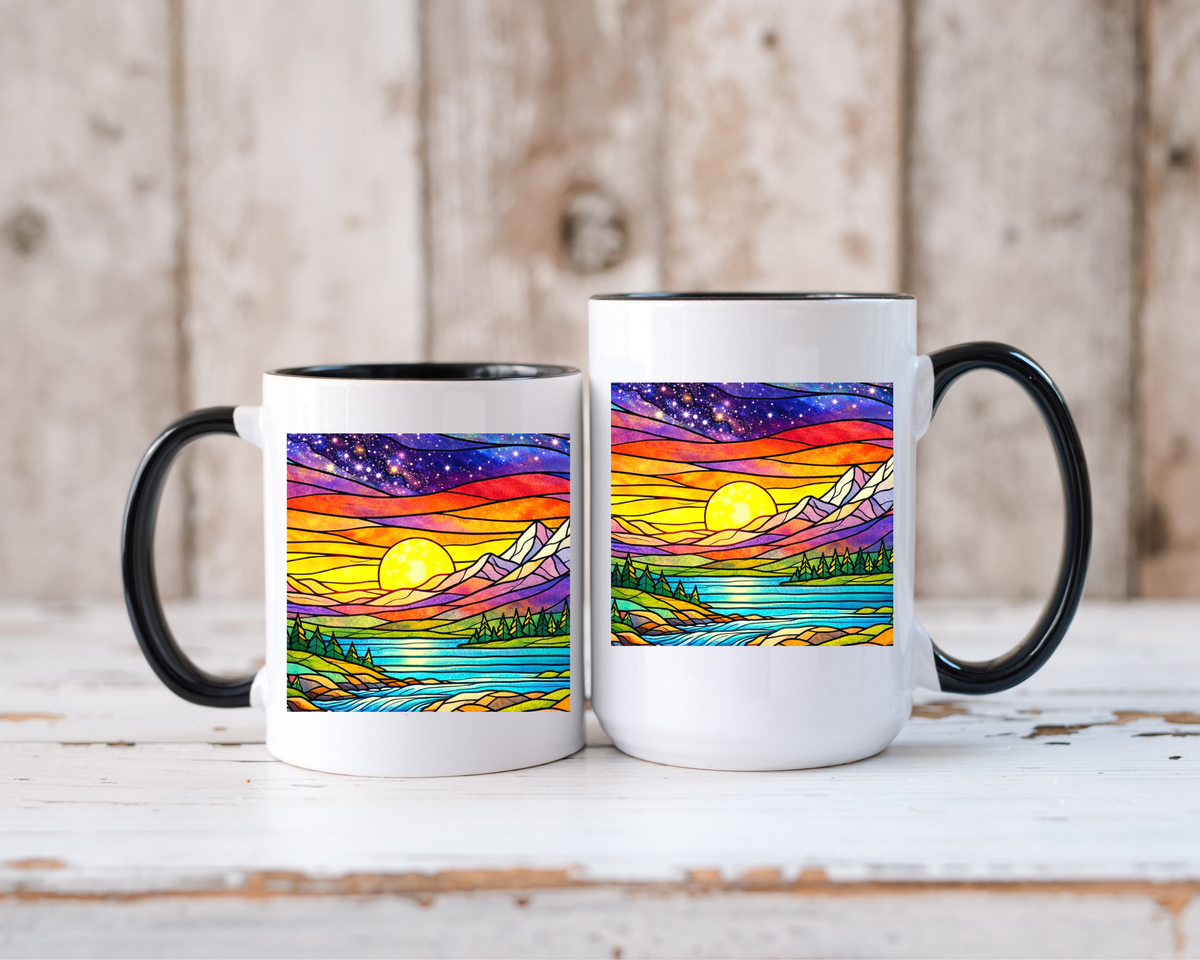 Colorful Sunset Landscape Mug, Stained Glass Nature Coffee Mug, Mountain Lake Art Mug, Outdoor Lover Gift, Scenic Ceramic Cup