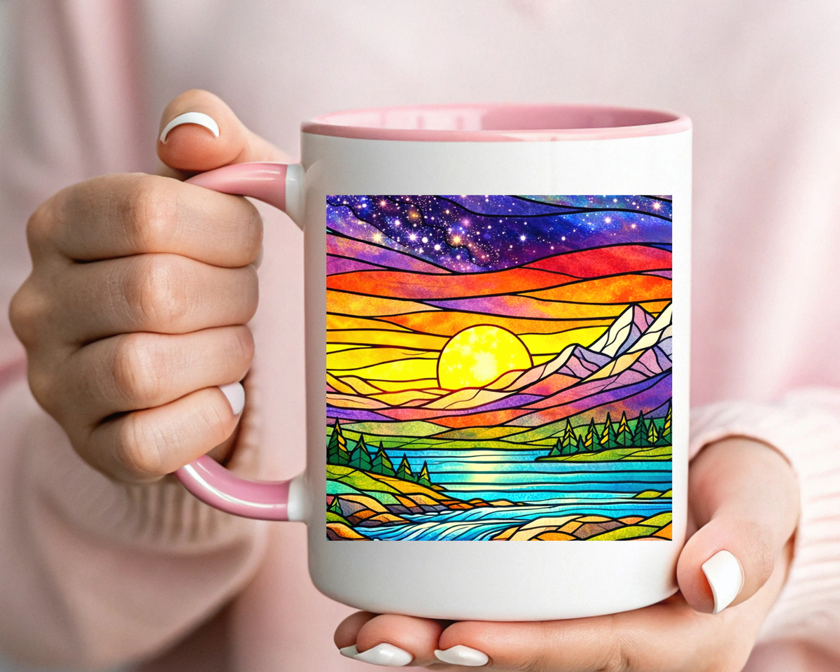 Colorful Sunset Landscape Mug, Stained Glass Nature Coffee Mug, Mountain Lake Art Mug, Outdoor Lover Gift, Scenic Ceramic Cup