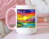 Colorful Sunset Landscape Mug, Stained Glass Nature Coffee Mug, Mountain Lake Art Mug, Outdoor Lover Gift, Scenic Ceramic Cup