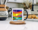 Colorful Sunset Landscape Mug, Stained Glass Nature Coffee Mug, Mountain Lake Art Mug, Outdoor Lover Gift, Scenic Ceramic Cup