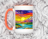 Colorful Sunset Landscape Mug, Stained Glass Nature Coffee Mug, Mountain Lake Art Mug, Outdoor Lover Gift, Scenic Ceramic Cup