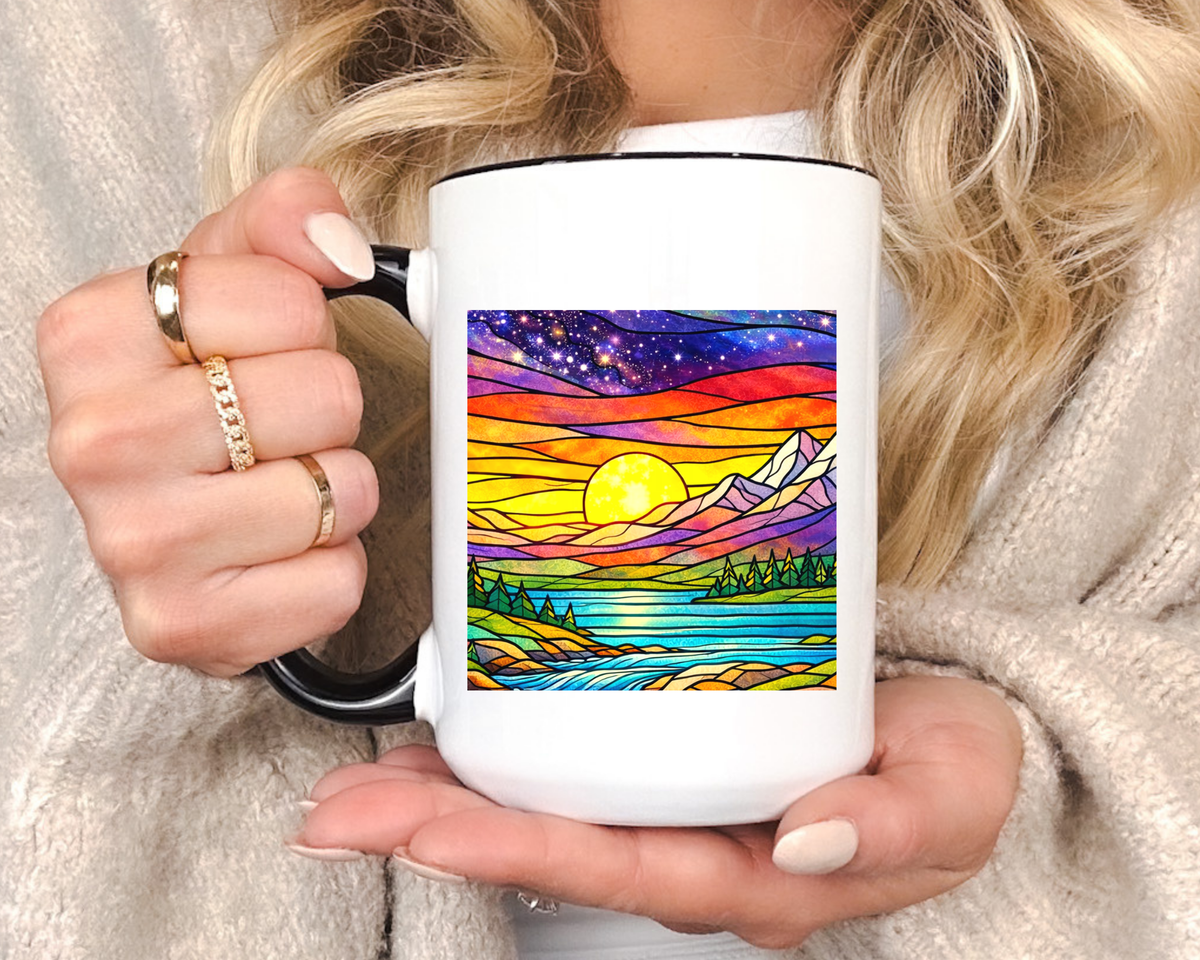 Colorful Sunset Landscape Mug, Stained Glass Nature Coffee Mug, Mountain Lake Art Mug, Outdoor Lover Gift, Scenic Ceramic Cup