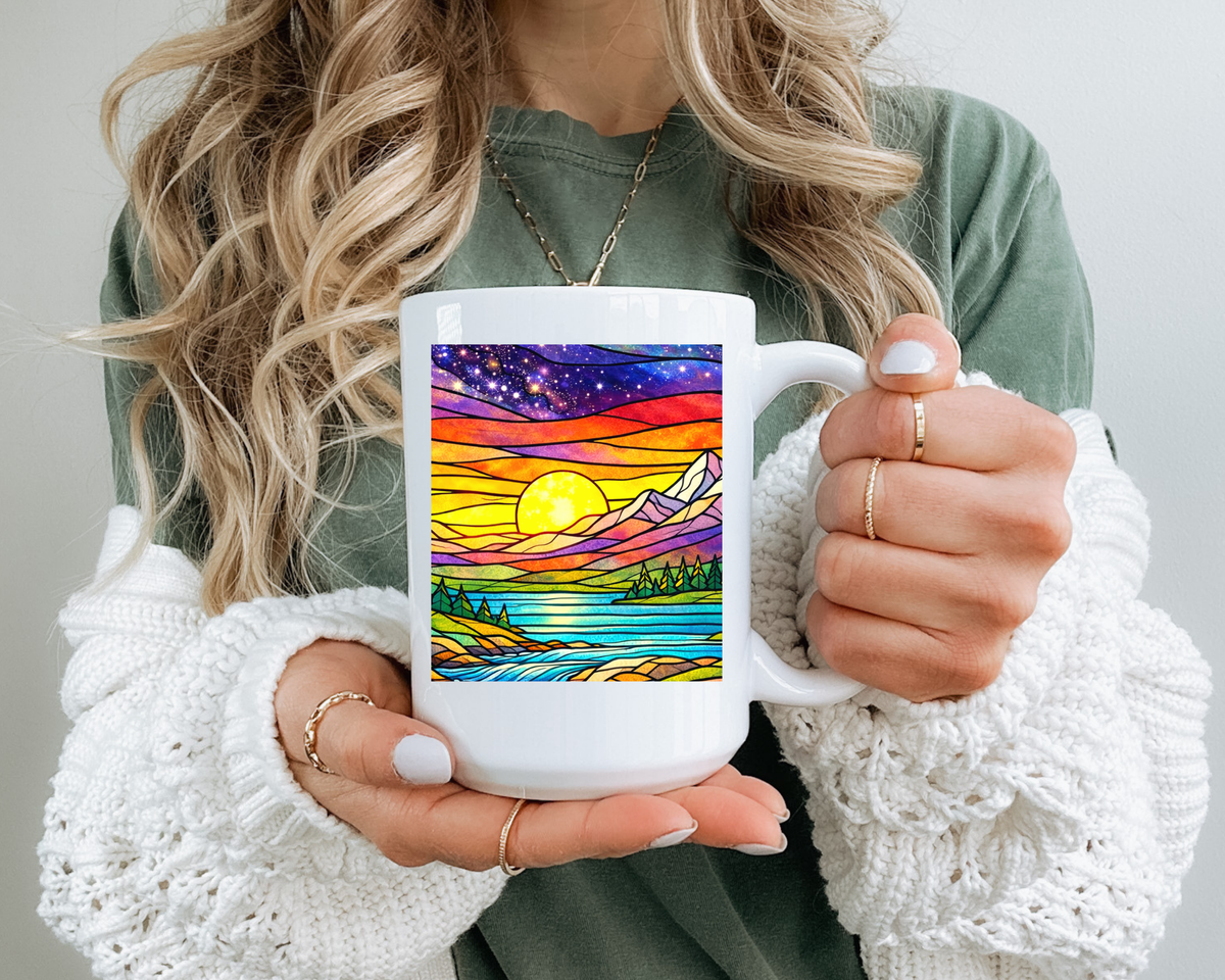 Colorful Sunset Landscape Mug, Stained Glass Nature Coffee Mug, Mountain Lake Art Mug, Outdoor Lover Gift, Scenic Ceramic Cup