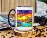 Colorful Sunset Landscape Mug, Stained Glass Nature Coffee Mug, Mountain Lake Art Mug, Outdoor Lover Gift, Scenic Ceramic Cup