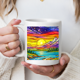 Colorful Sunset Landscape Mug, Stained Glass Nature Coffee Mug, Mountain Lake Art Mug, Outdoor Lover Gift, Scenic Ceramic Cup