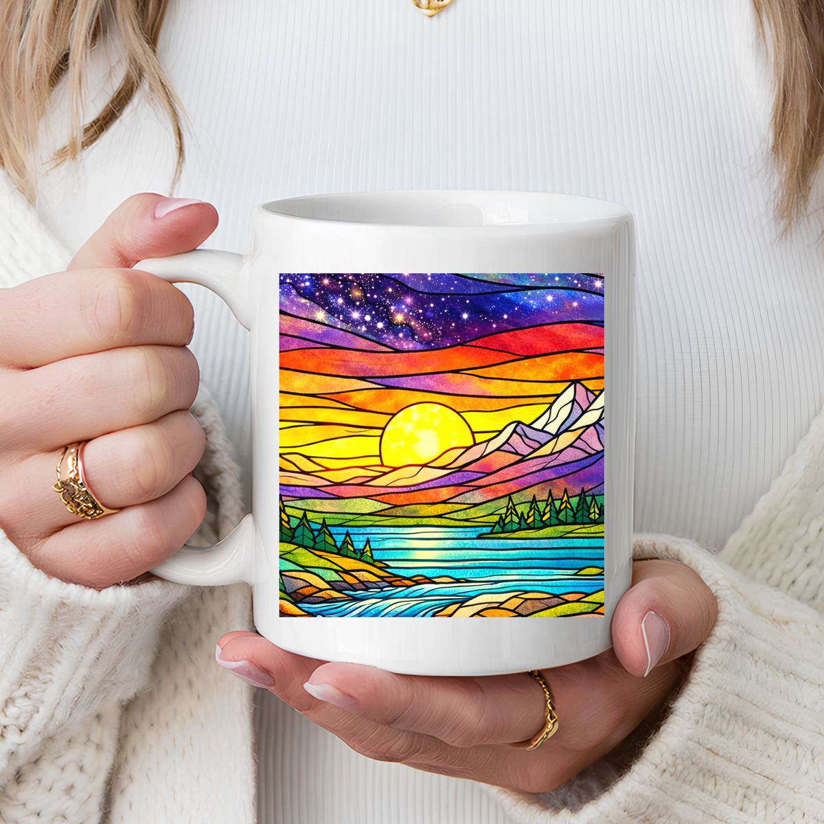 Colorful Sunset Landscape Mug, Stained Glass Nature Coffee Mug, Mountain Lake Art Mug, Outdoor Lover Gift, Scenic Ceramic Cup