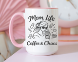Mom Life Coffee and Chaos Mug, Funny Mom Coffee Mug, Motherhood Humor Gift, Busy Mom Cup, Mother's Day Gift for Coffee Lover