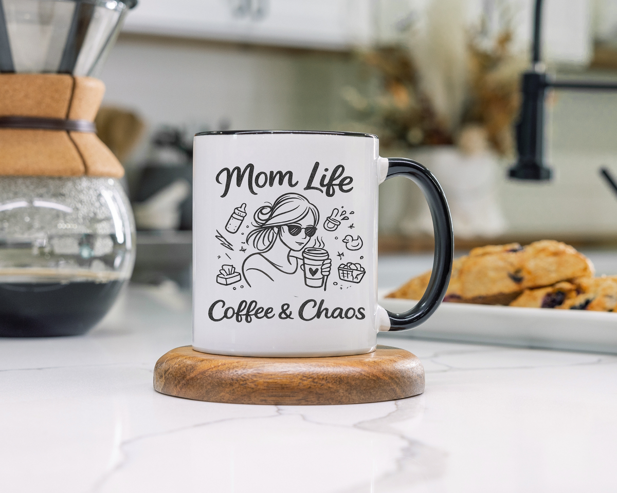 Mom Life Coffee and Chaos Mug, Funny Mom Coffee Mug, Motherhood Humor Gift, Busy Mom Cup, Mother's Day Gift for Coffee Lover