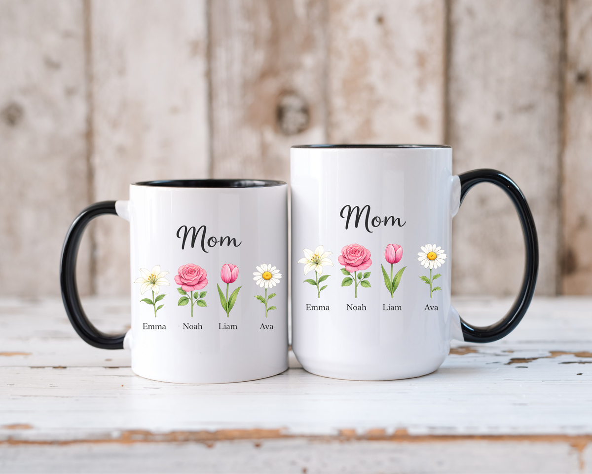 Personalized Birth Flower Mom Mug, Custom Kids Names Coffee Mug, Mother's Day Gift for Mom, Floral Family Keepsake Cup, Grandma Gift