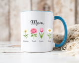 Personalized Birth Flower Mom Mug, Custom Kids Names Coffee Mug, Mother's Day Gift for Mom, Floral Family Keepsake Cup, Grandma Gift