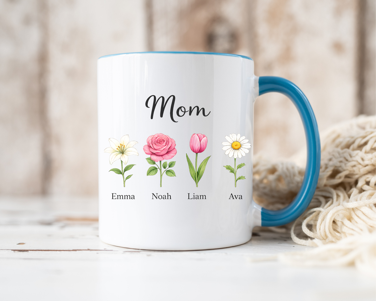 Personalized Birth Flower Mom Mug, Custom Kids Names Coffee Mug, Mother's Day Gift for Mom, Floral Family Keepsake Cup, Grandma Gift