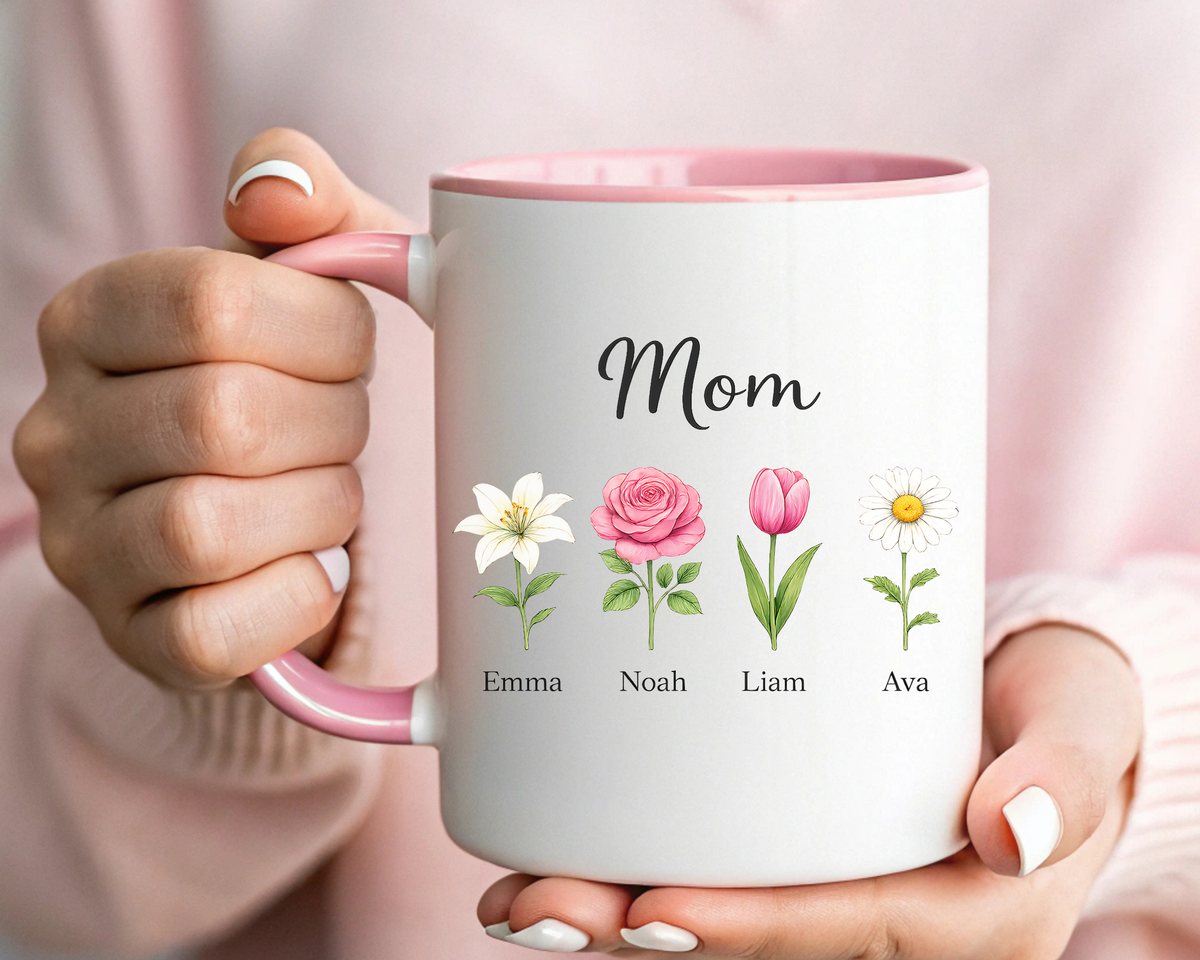 Personalized Birth Flower Mom Mug, Custom Kids Names Coffee Mug, Mother's Day Gift for Mom, Floral Family Keepsake Cup, Grandma Gift