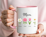 Personalized Birth Flower Mom Mug, Custom Kids Names Coffee Mug, Mother's Day Gift for Mom, Floral Family Keepsake Cup, Grandma Gift