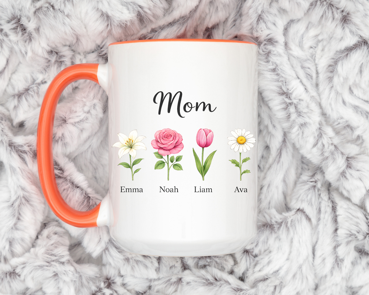 Personalized Birth Flower Mom Mug, Custom Kids Names Coffee Mug, Mother's Day Gift for Mom, Floral Family Keepsake Cup, Grandma Gift