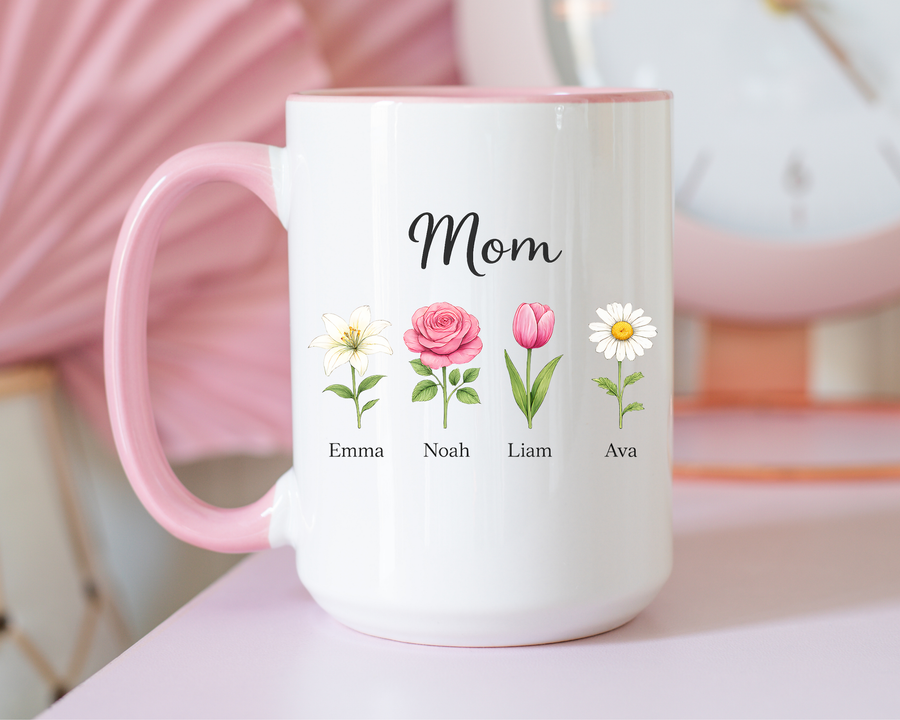 Personalized Birth Flower Mom Mug, Custom Kids Names Coffee Mug, Mother's Day Gift for Mom, Floral Family Keepsake Cup, Grandma Gift