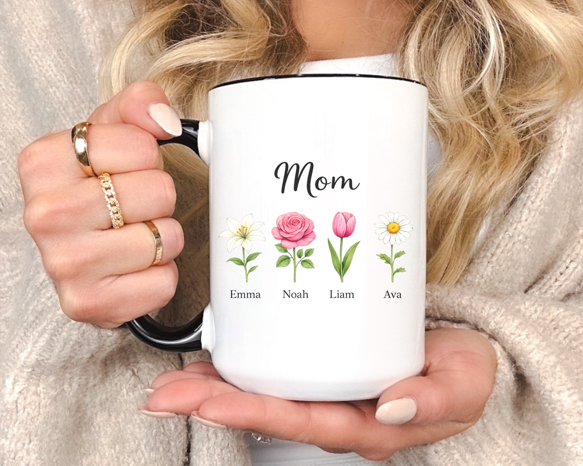Personalized Birth Flower Mom Mug, Custom Kids Names Coffee Mug, Mother's Day Gift for Mom, Floral Family Keepsake Cup, Grandma Gift