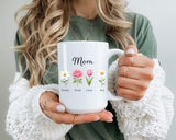 Personalized Birth Flower Mom Mug, Custom Kids Names Coffee Mug, Mother's Day Gift for Mom, Floral Family Keepsake Cup, Grandma Gift