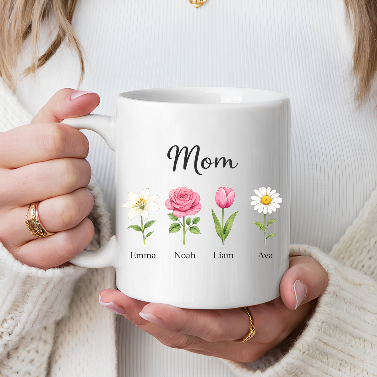 Personalized Birth Flower Mom Mug, Custom Kids Names Coffee Mug, Mother's Day Gift for Mom, Floral Family Keepsake Cup, Grandma Gift