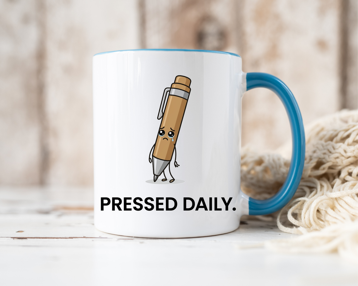 Funny Pressed Daily Coffee Mug, Stressed Pen Office Mug, Coworker Humor Gift, Teacher Appreciation Mug, Work From Home Cup