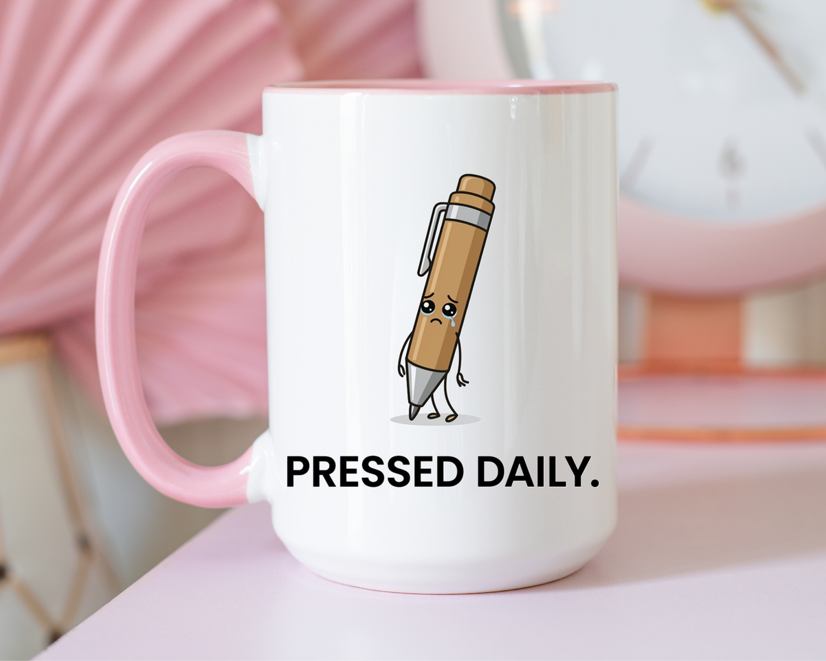 Funny Pressed Daily Coffee Mug, Stressed Pen Office Mug, Coworker Humor Gift, Teacher Appreciation Mug, Work From Home Cup