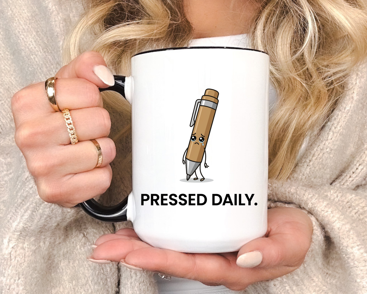 Funny Pressed Daily Coffee Mug, Stressed Pen Office Mug, Coworker Humor Gift, Teacher Appreciation Mug, Work From Home Cup