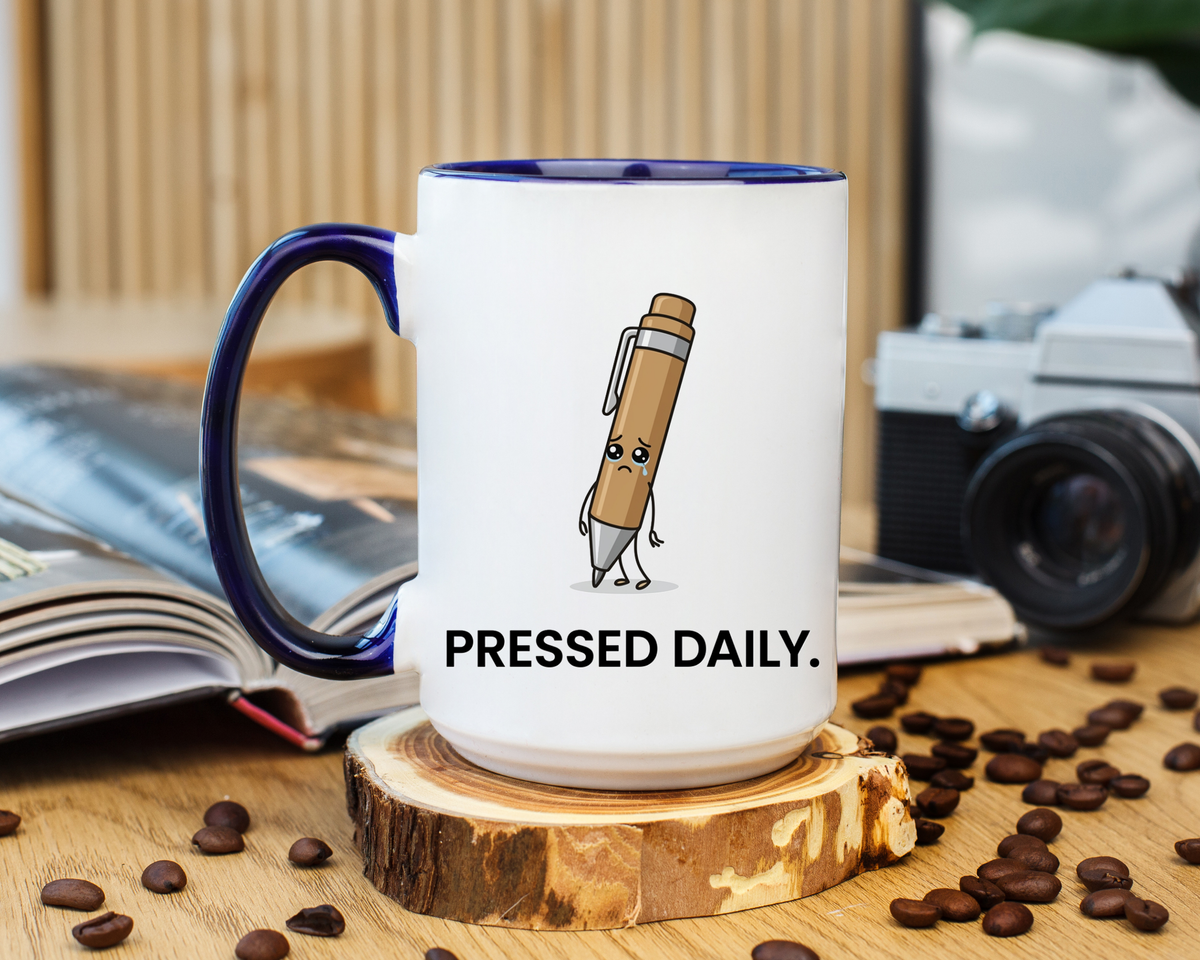 Funny Pressed Daily Coffee Mug, Stressed Pen Office Mug, Coworker Humor Gift, Teacher Appreciation Mug, Work From Home Cup