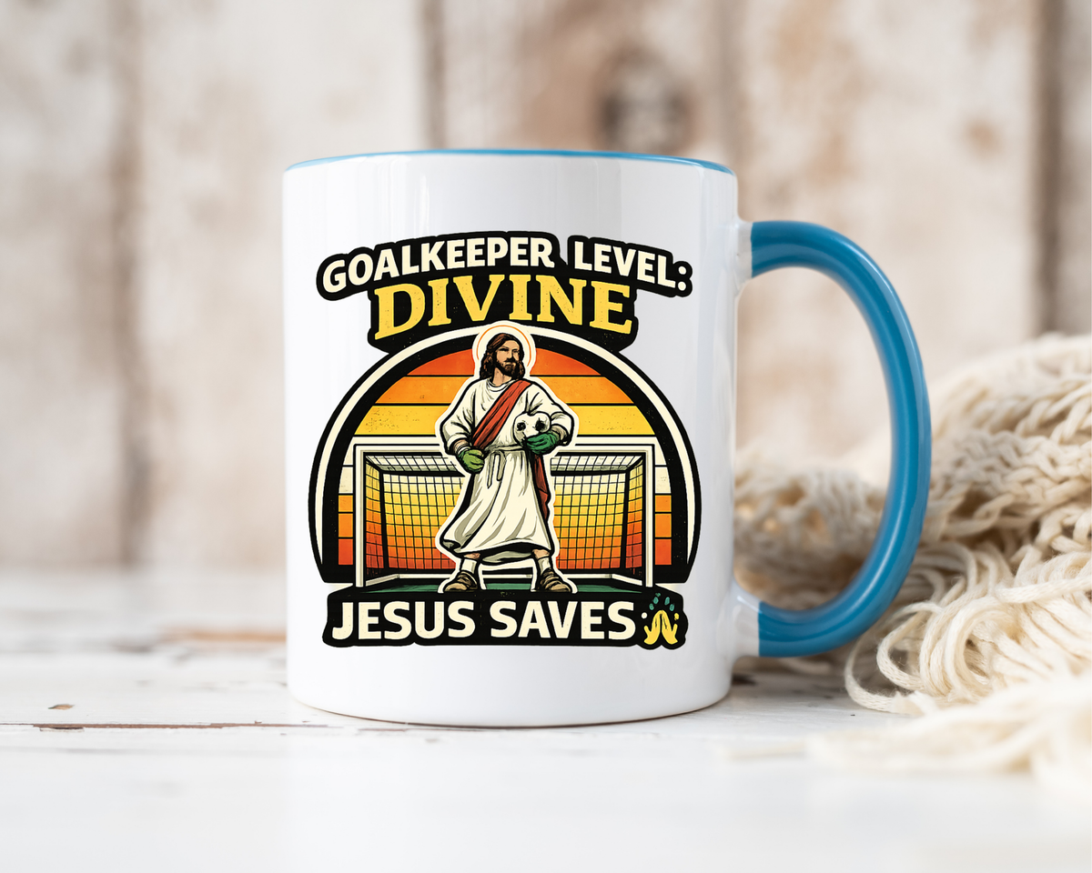 Christian Soccer Goalkeeper Mug, Jesus Saves Coffee Mug, Faith Based Sports Gift, Soccer Player Christian Mug, Goalie Gift for Believers