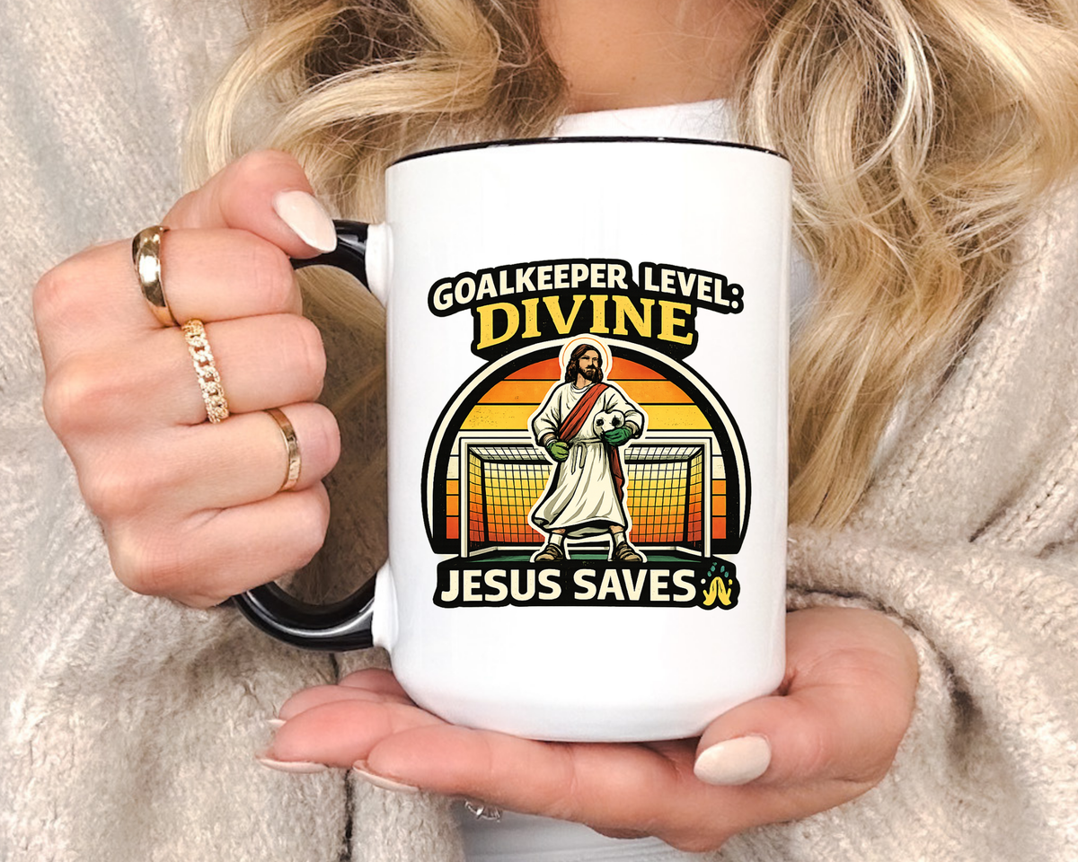 Christian Soccer Goalkeeper Mug, Jesus Saves Coffee Mug, Faith Based Sports Gift, Soccer Player Christian Mug, Goalie Gift for Believers