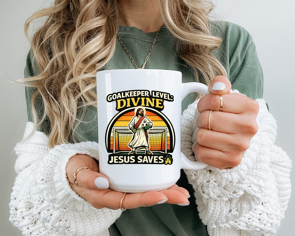 Christian Soccer Goalkeeper Mug, Jesus Saves Coffee Mug, Faith Based Sports Gift, Soccer Player Christian Mug, Goalie Gift for Believers