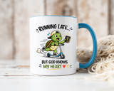 Christian Turtle Coffee Mug, Running Late But God Knows My Heart Mug, Funny Faith Based Mug, Christian Gift for Friends, Bible Lover Cup