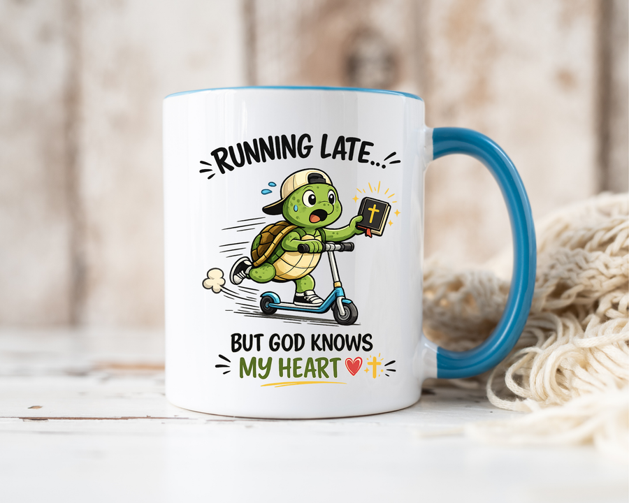 Christian Turtle Coffee Mug, Running Late But God Knows My Heart Mug, Funny Faith Based Mug, Christian Gift for Friends, Bible Lover Cup