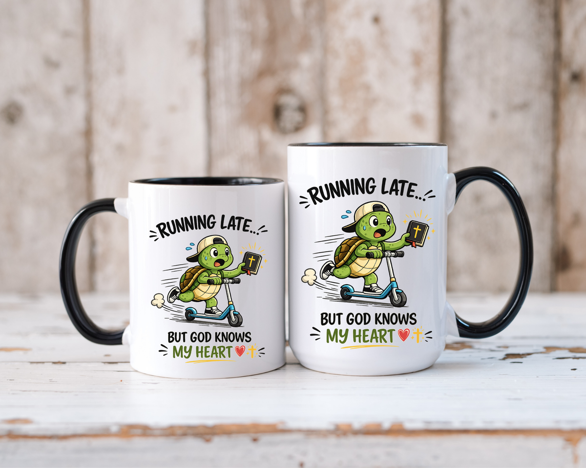 Christian Turtle Coffee Mug, Running Late But God Knows My Heart Mug, Funny Faith Based Mug, Christian Gift for Friends, Bible Lover Cup