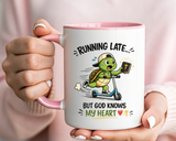 Christian Turtle Coffee Mug, Running Late But God Knows My Heart Mug, Funny Faith Based Mug, Christian Gift for Friends, Bible Lover Cup