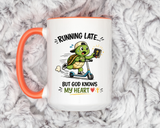 Christian Turtle Coffee Mug, Running Late But God Knows My Heart Mug, Funny Faith Based Mug, Christian Gift for Friends, Bible Lover Cup