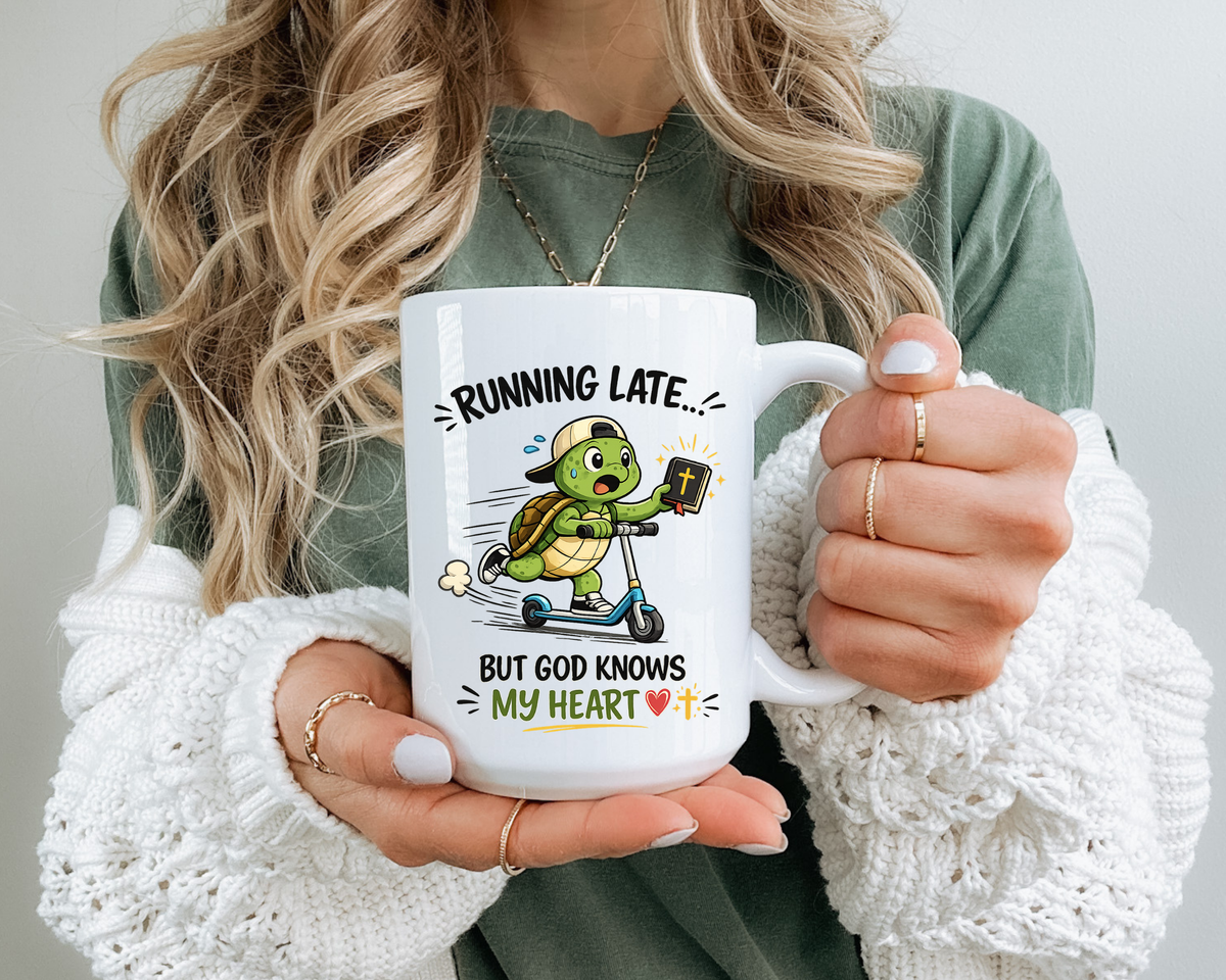 Christian Turtle Coffee Mug, Running Late But God Knows My Heart Mug, Funny Faith Based Mug, Christian Gift for Friends, Bible Lover Cup