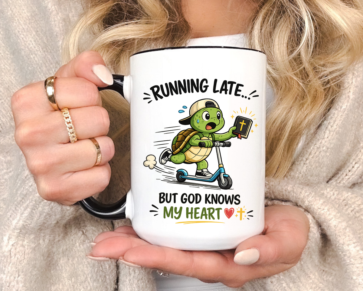 Christian Turtle Coffee Mug, Running Late But God Knows My Heart Mug, Funny Faith Based Mug, Christian Gift for Friends, Bible Lover Cup