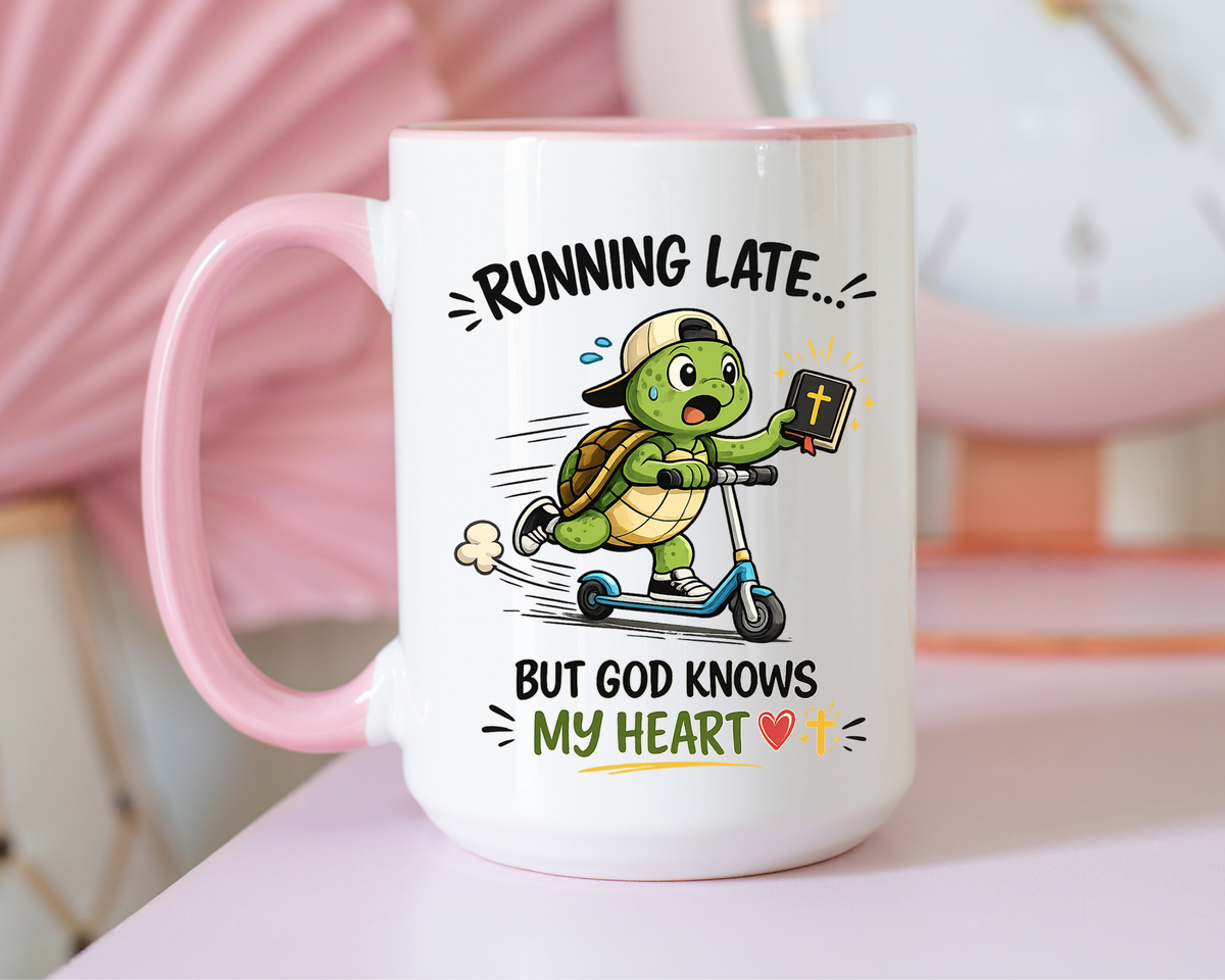 Christian Turtle Coffee Mug, Running Late But God Knows My Heart Mug, Funny Faith Based Mug, Christian Gift for Friends, Bible Lover Cup