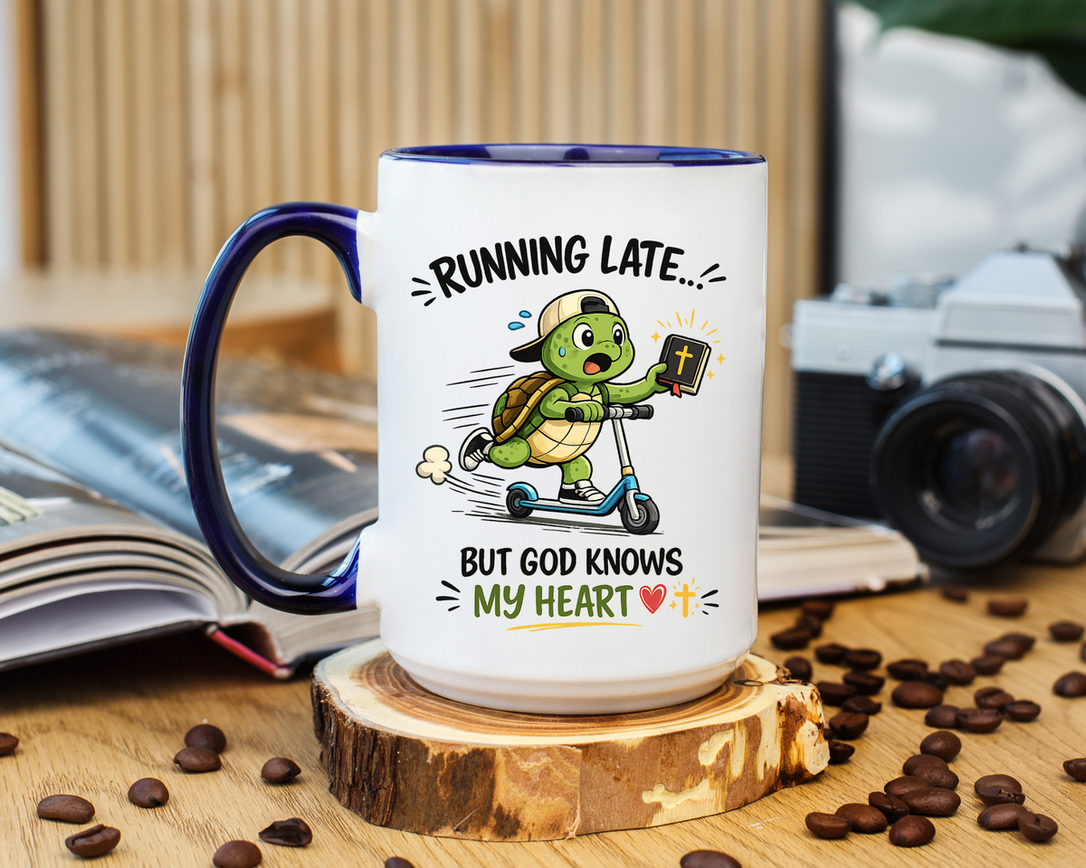 Christian Turtle Coffee Mug, Running Late But God Knows My Heart Mug, Funny Faith Based Mug, Christian Gift for Friends, Bible Lover Cup