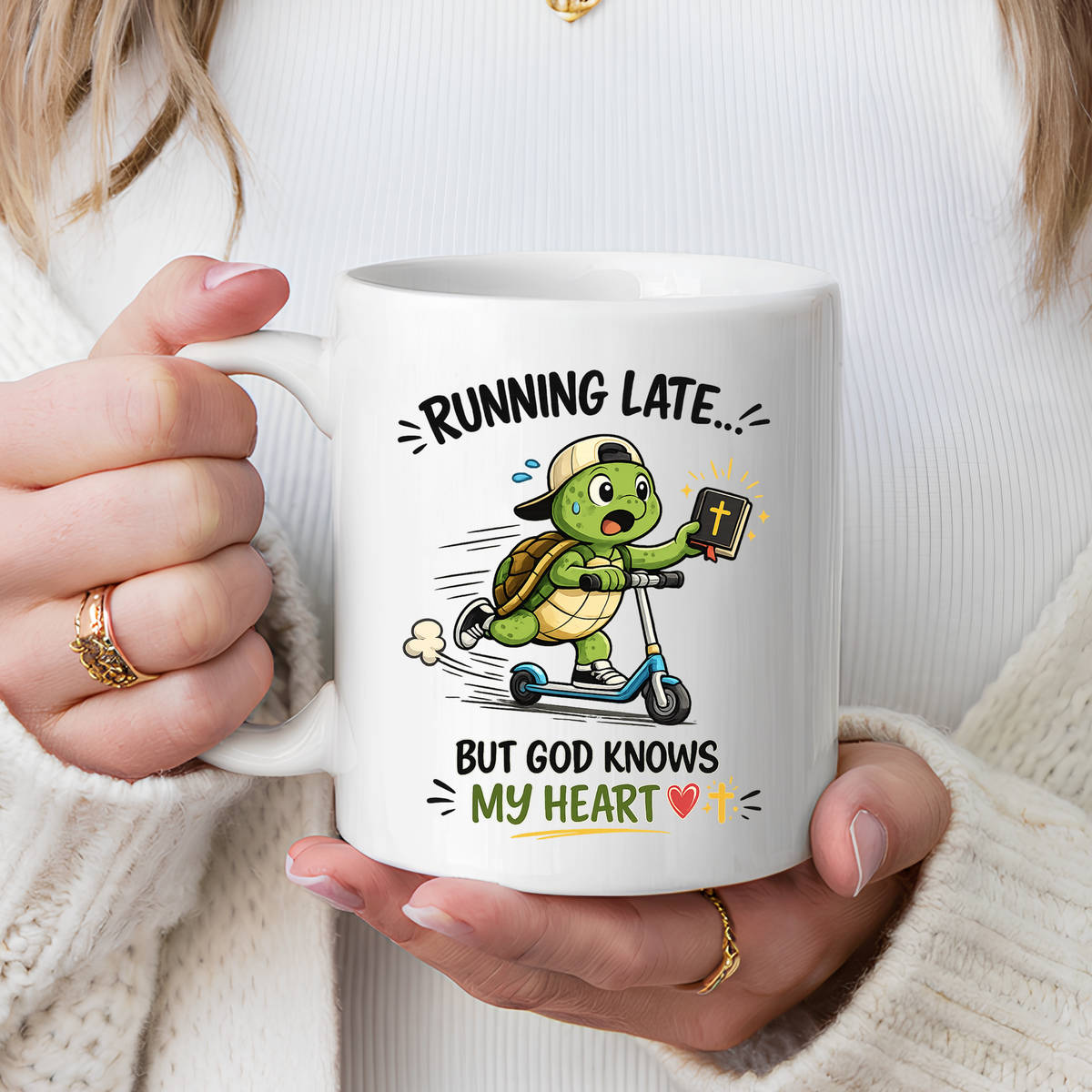 Christian Turtle Coffee Mug, Running Late But God Knows My Heart Mug, Funny Faith Based Mug, Christian Gift for Friends, Bible Lover Cup