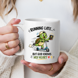 Christian Turtle Coffee Mug, Running Late But God Knows My Heart Mug, Funny Faith Based Mug, Christian Gift for Friends, Bible Lover Cup