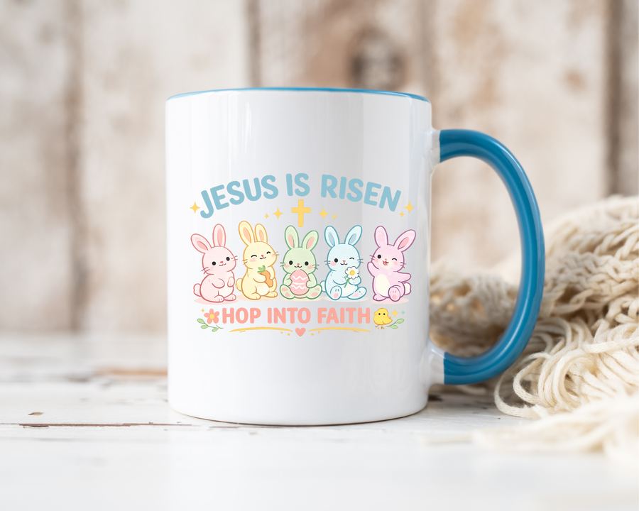 Christian Easter Bunny Mug, Jesus Is Risen Hop Into Faith Coffee Mug, Faith Based Easter Gift, Religious Spring Mug for Women Kids
