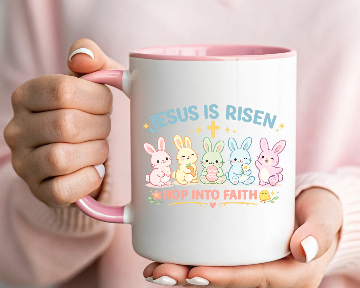 Christian Easter Bunny Mug, Jesus Is Risen Hop Into Faith Coffee Mug, Faith Based Easter Gift, Religious Spring Mug for Women Kids