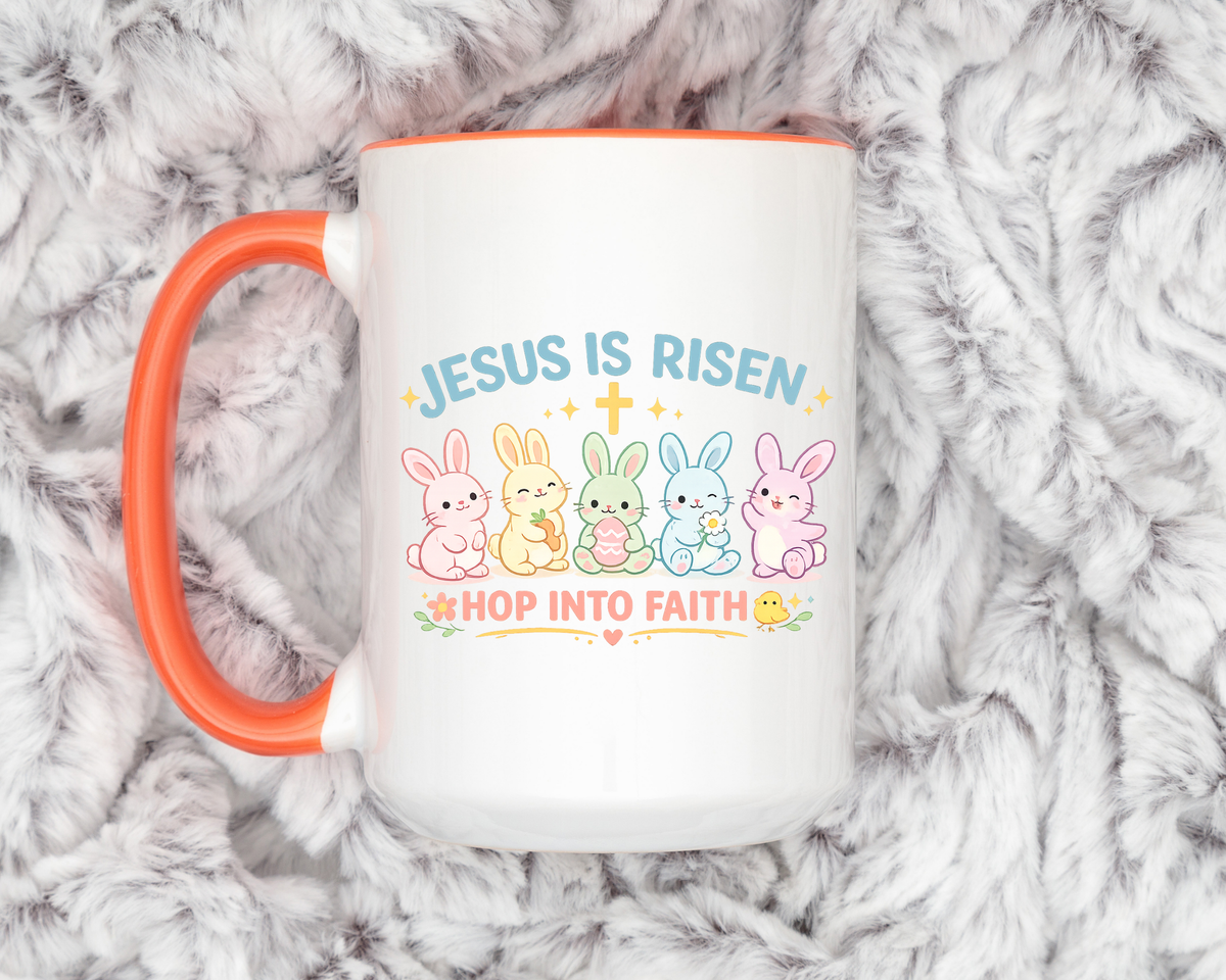 Christian Easter Bunny Mug, Jesus Is Risen Hop Into Faith Coffee Mug, Faith Based Easter Gift, Religious Spring Mug for Women Kids