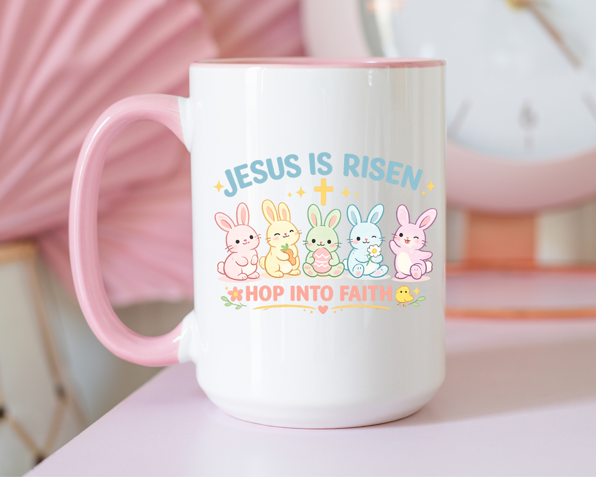 Christian Easter Bunny Mug, Jesus Is Risen Hop Into Faith Coffee Mug, Faith Based Easter Gift, Religious Spring Mug for Women Kids