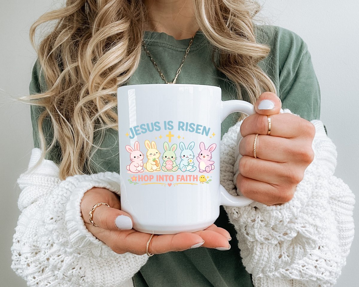 Christian Easter Bunny Mug, Jesus Is Risen Hop Into Faith Coffee Mug, Faith Based Easter Gift, Religious Spring Mug for Women Kids