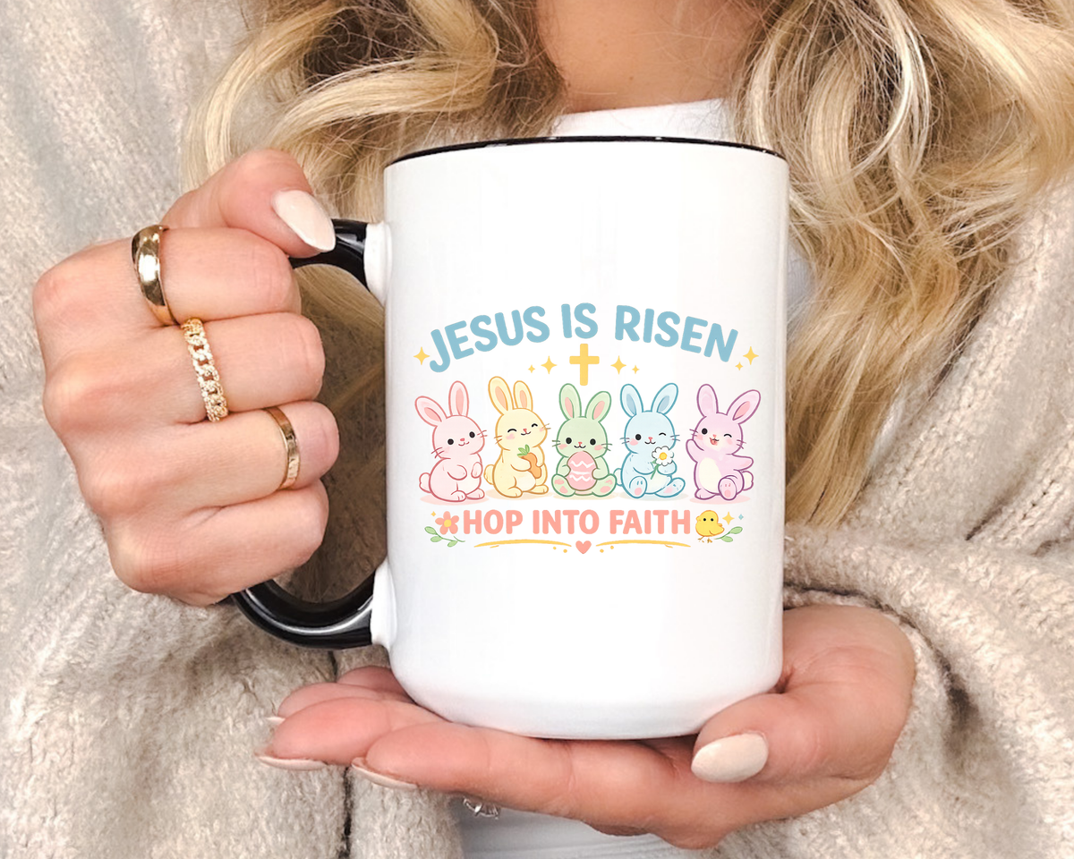 Christian Easter Bunny Mug, Jesus Is Risen Hop Into Faith Coffee Mug, Faith Based Easter Gift, Religious Spring Mug for Women Kids