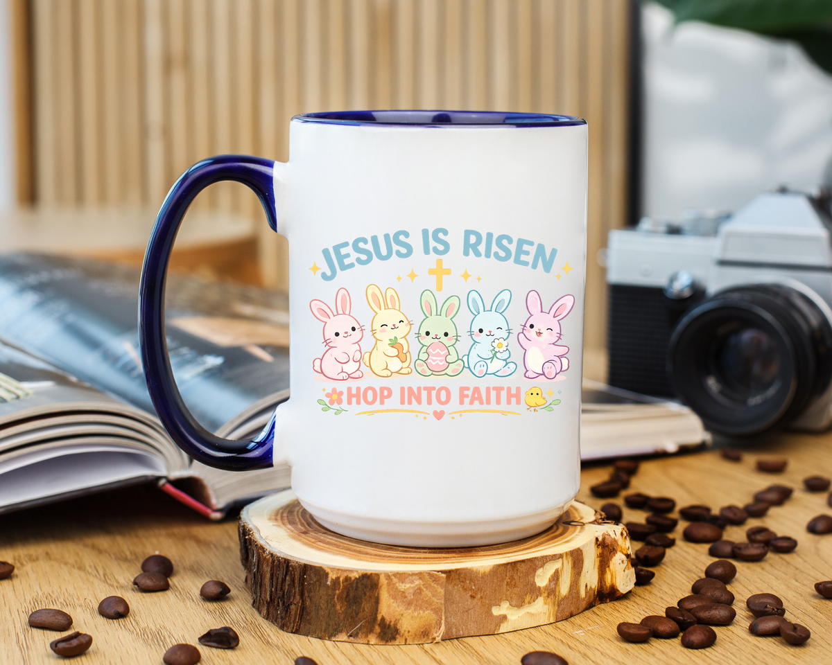Christian Easter Bunny Mug, Jesus Is Risen Hop Into Faith Coffee Mug, Faith Based Easter Gift, Religious Spring Mug for Women Kids