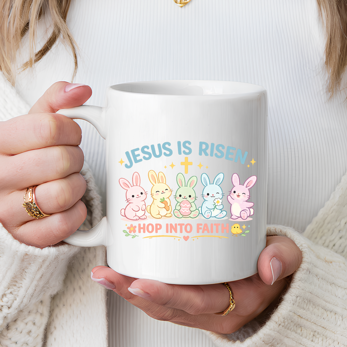 Christian Easter Bunny Mug, Jesus Is Risen Hop Into Faith Coffee Mug, Faith Based Easter Gift, Religious Spring Mug for Women Kids