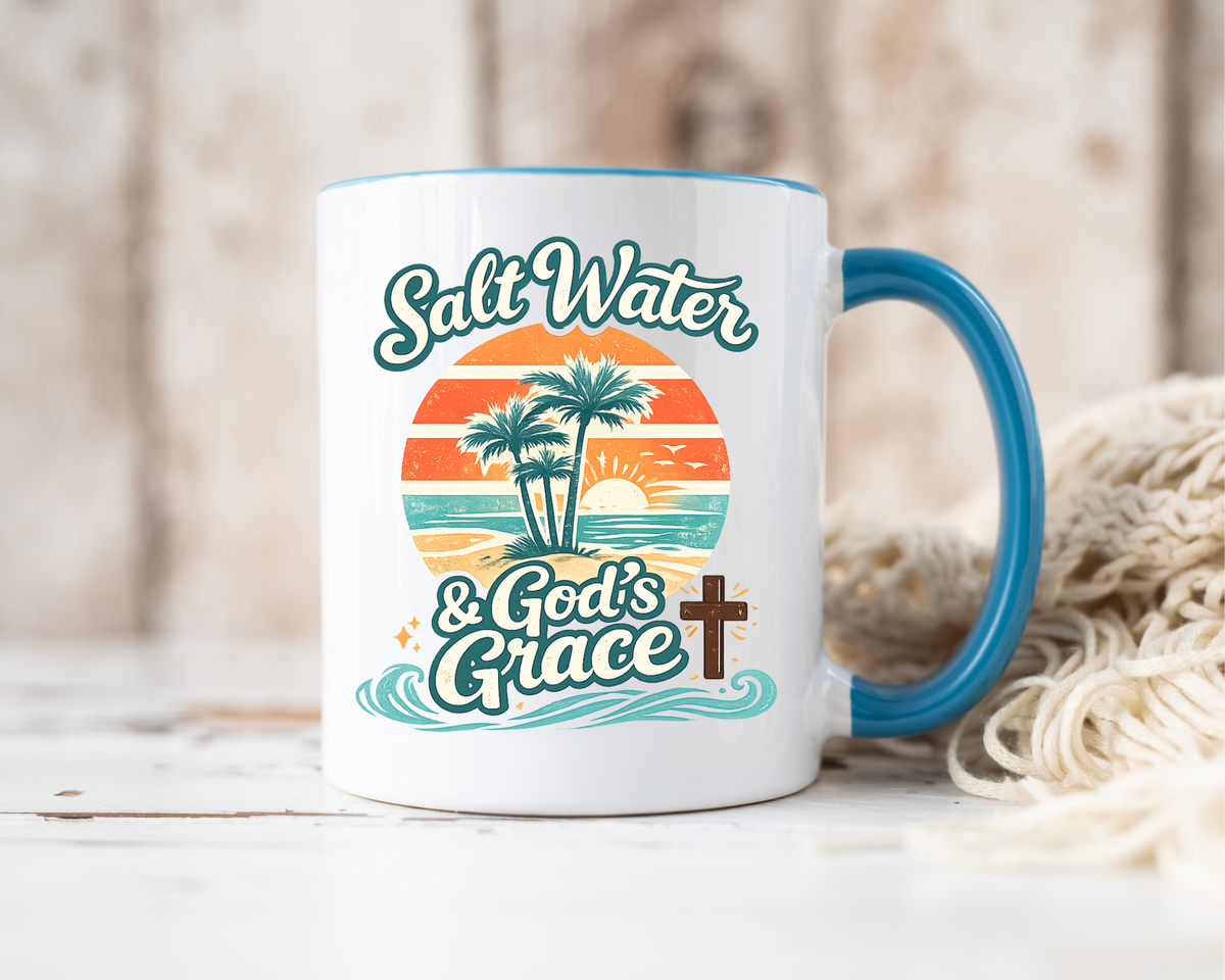 Christian Beach Lover Coffee Mug, Salt Water and God's Grace Mug, Coastal Faith Gift, Religious Ocean Lover Cup, Christian Gift