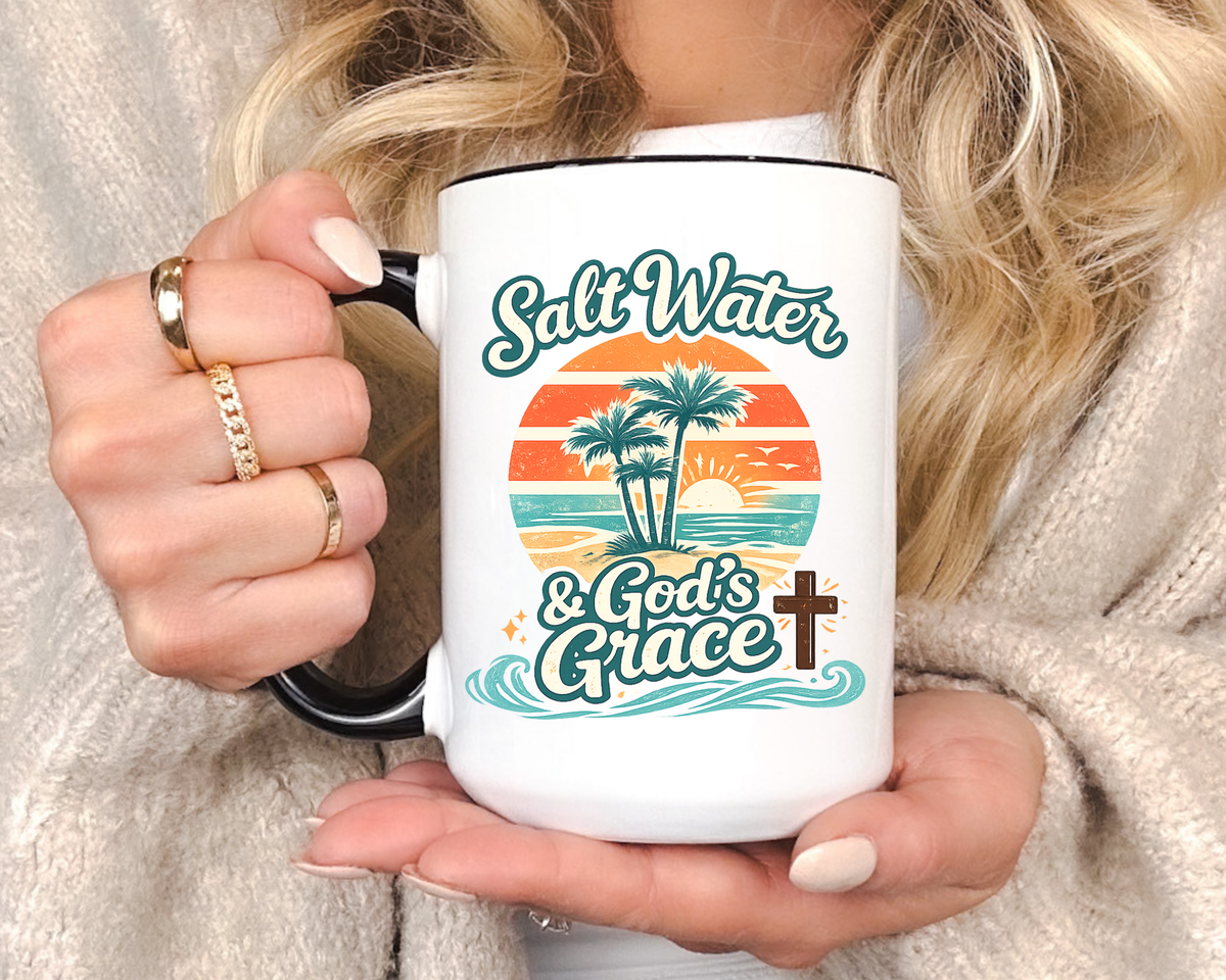 Christian Beach Lover Coffee Mug, Salt Water and God's Grace Mug, Coastal Faith Gift, Religious Ocean Lover Cup, Christian Gift